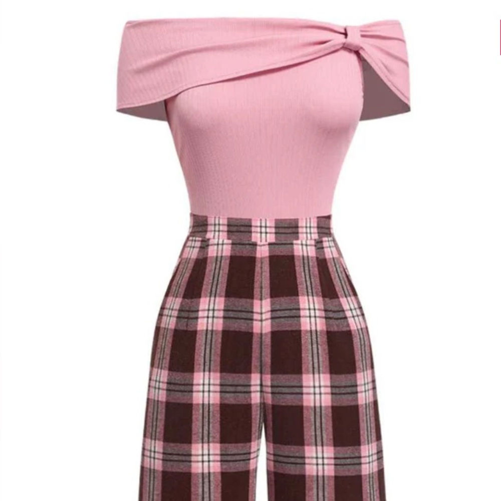 Pink and brown plaid high-waisted jumpsuit
